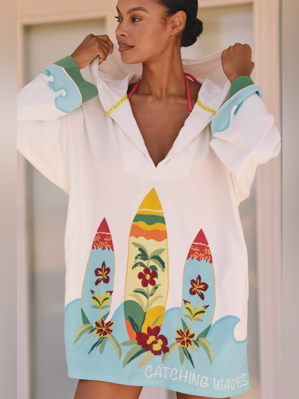Anthropologie Celandine Catching Waves Poncho Hooded Cover-Up Size Medium
